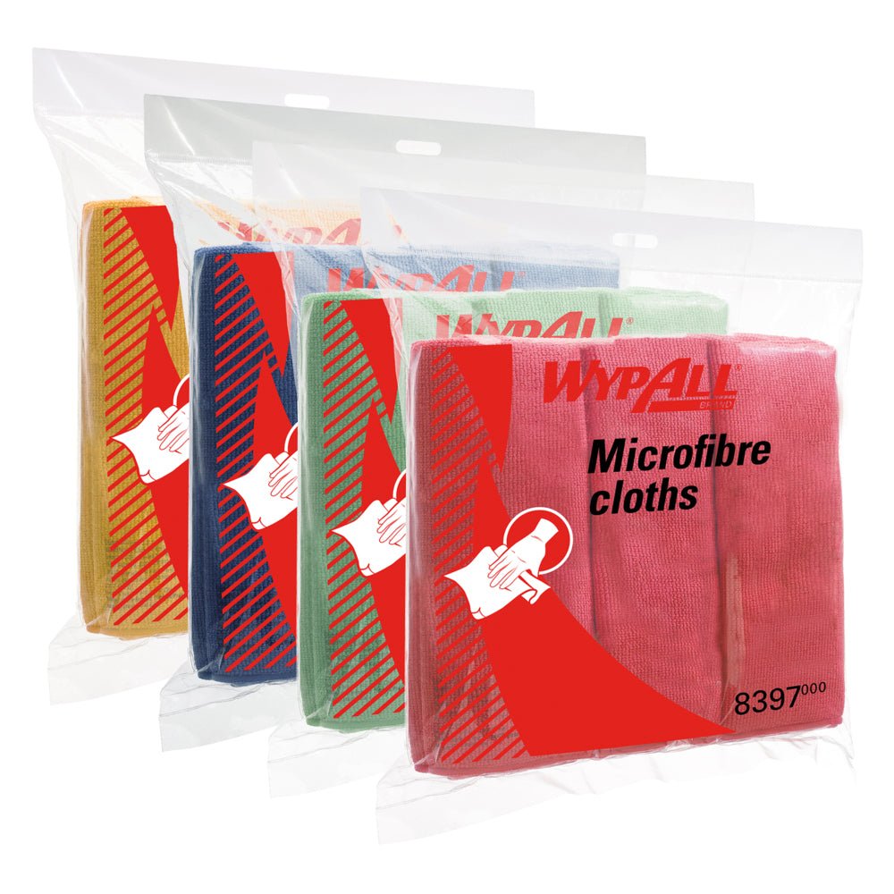 Five packs of WypAll® microfiber cloths - flat cloth (40 x 40 cm) by Kimberly-Clark GmbH are shown in a transparent package. Each pack contains microfiber cloths in the colors yellow, blue, green, light green, and pink with a red label with product information.
