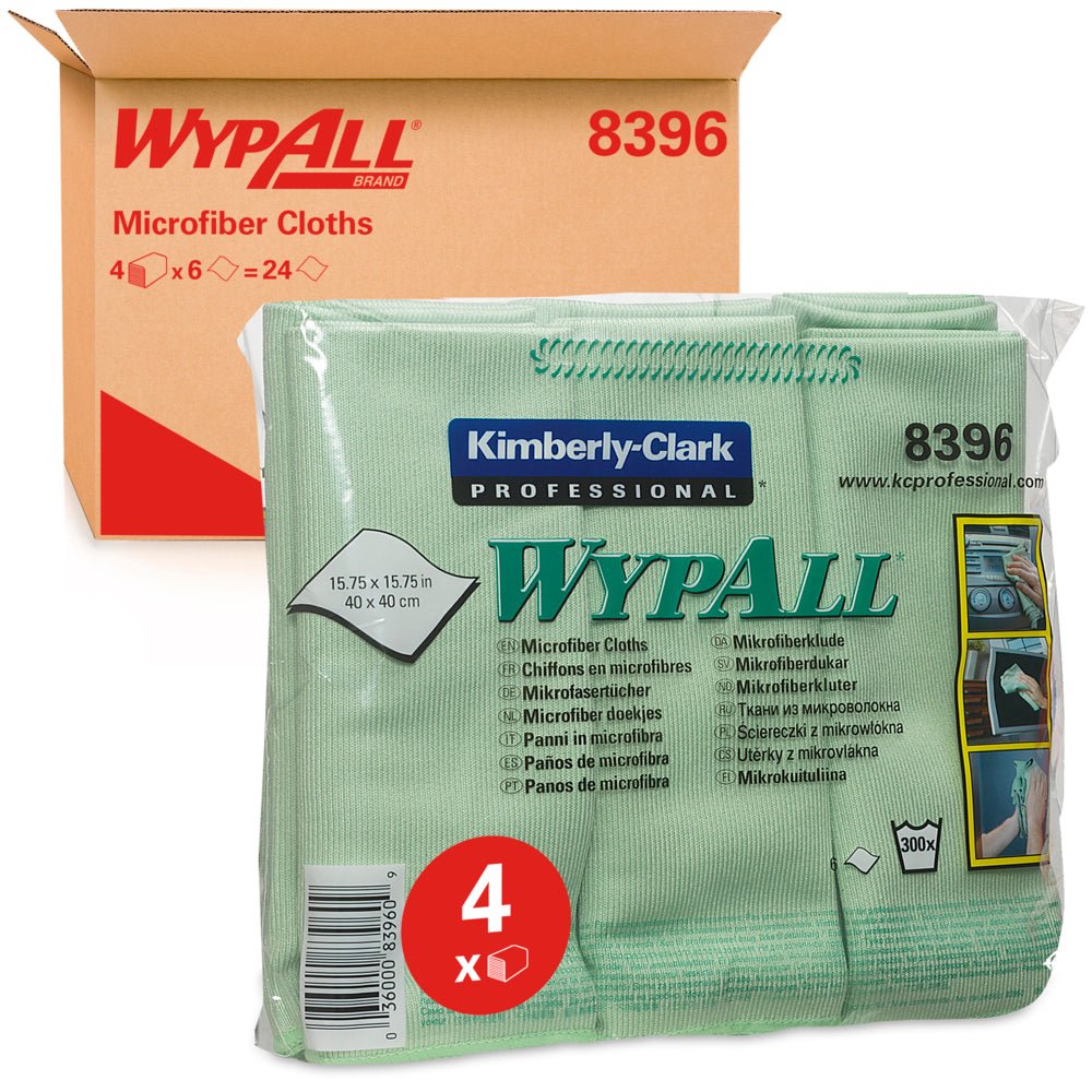 A pack of green WypAll® microfiber cloths - flat cloth (40 x 40 cm) by Kimberly-Clark GmbH stands in front of a cardboard box with product details, cleaning images, and the number 4 indicating the number of cloths included.