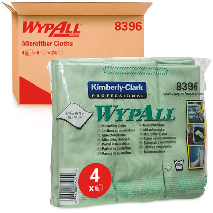 A pack of green WypAll® microfiber cloths - flat cloth (40 x 40 cm) by Kimberly-Clark GmbH stands in front of a cardboard box with product details, cleaning images, and the number 4 indicating the number of cloths included.