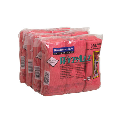 Three packs of Kimberly-Clark GmbH WypAll® microfiber cloths - flat cloth (40 x 40 cm) in red are shrink-wrapped in clear plastic, each pack contains folded cloths with visible product labels and barcodes.