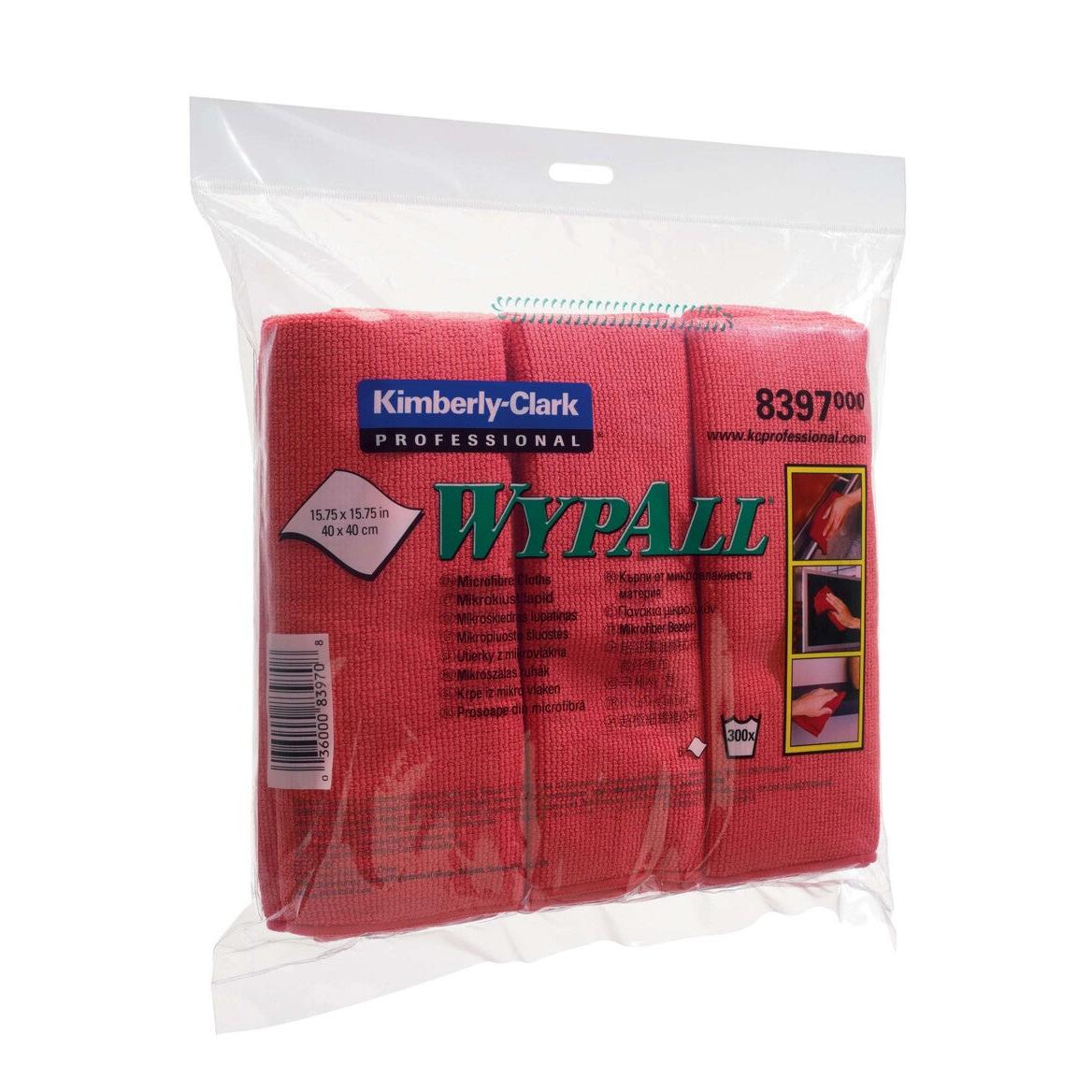 A transparent plastic package of WypAll® microfiber cloths - flat cloth (40 x 40 cm) by Kimberly-Clark GmbH, containing red cloths. The packaging displays product information, the item number 8397, and cleaning illustrations for each microfiber cloth.