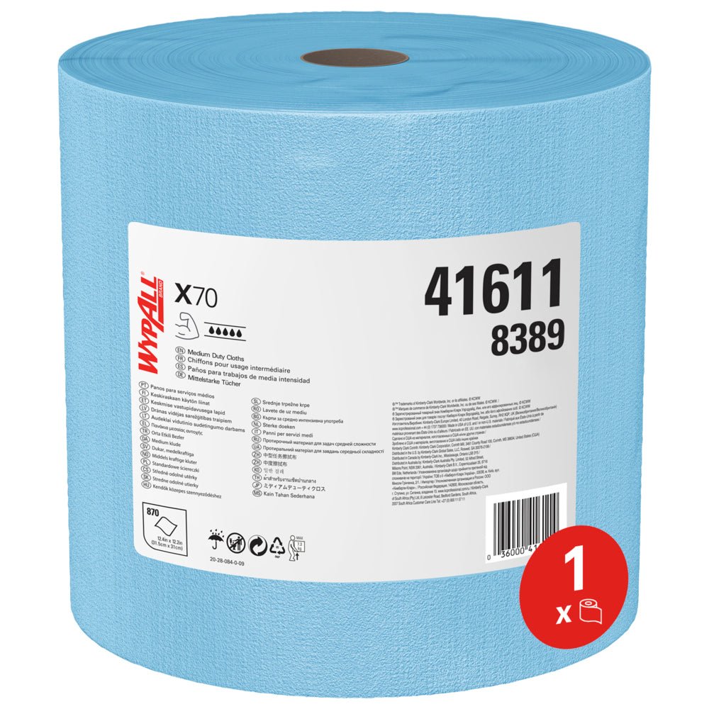 A large blue WypAll® X70 PowerClean jumbo roll from Kimberly-Clark GmbH (1 x 870 sheets per roll) carries a white label with product details, numbers 41611 and 8389, and a red "1 x" symbol - ideal for industrial cleaning.