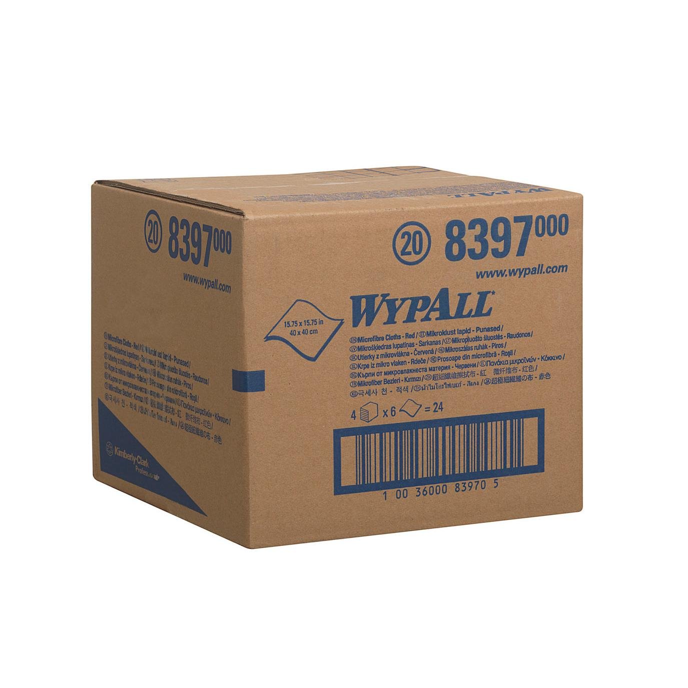 A brown box labeled "WypAll" (Kimberly-Clark GmbH) and product number 8397 contains WypAll® microfiber cloths - flat cloth 40 x 40 cm. The sealed box shows blue printed details, visible dimensions, and a barcode.