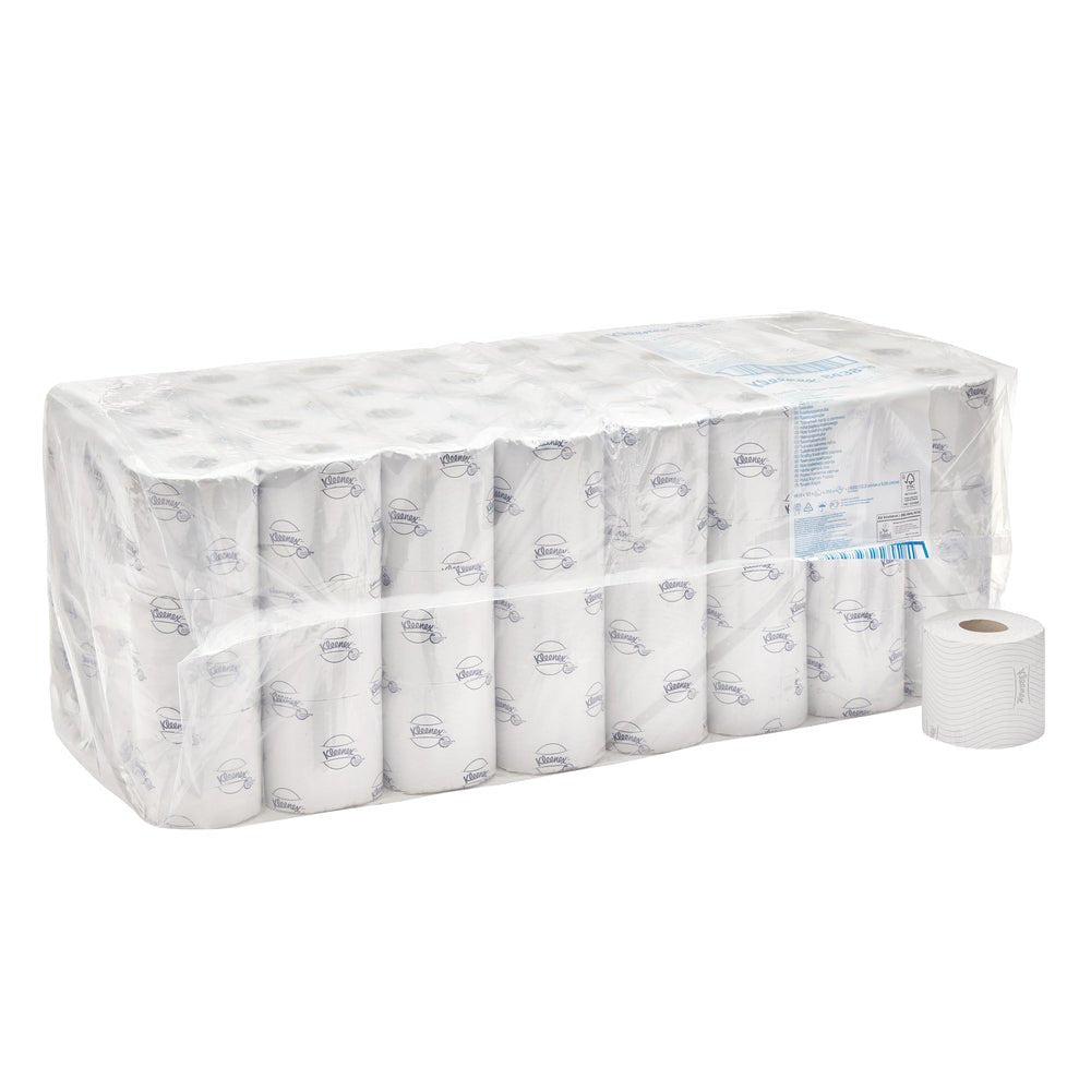 An 8-pack carton of Kimberly-Clark GmbH Kleenex® toilet paper small rolls (white), each package contains 12 small rolls with a subtle print, 250 sheets per roll - a white printed roll is pictured outside the packaging.