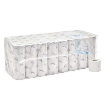 An 8-pack carton of Kimberly-Clark GmbH Kleenex® toilet paper small rolls (white), each package contains 12 small rolls with a subtle print, 250 sheets per roll - a white printed roll is pictured outside the packaging.