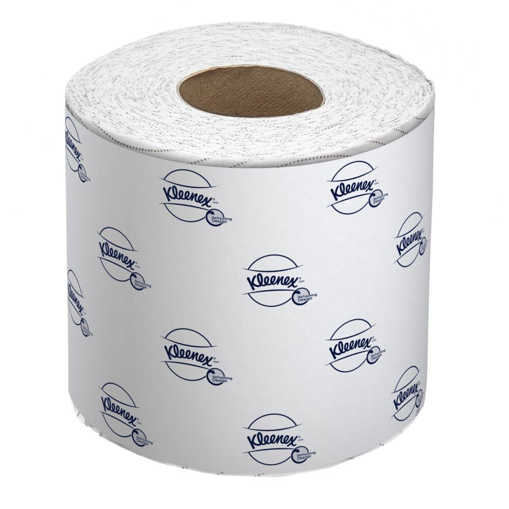 A single white Kleenex® toilet paper roll from the 8-pack (12 small rolls x 250 sheets) by Kimberly-Clark GmbH with the Kleenex logo on the wrapping and a visible brown cardboard core.