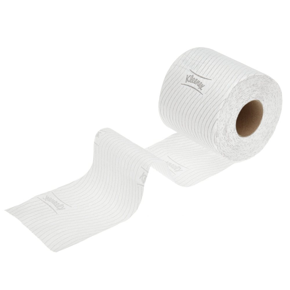 A single roll of Kleenex® toilet paper rolls (8 packs x 12 small rolls x 250 sheets) by Kimberly-Clark GmbH is partially unrolled on a white background, showing its soft, textured sheets.