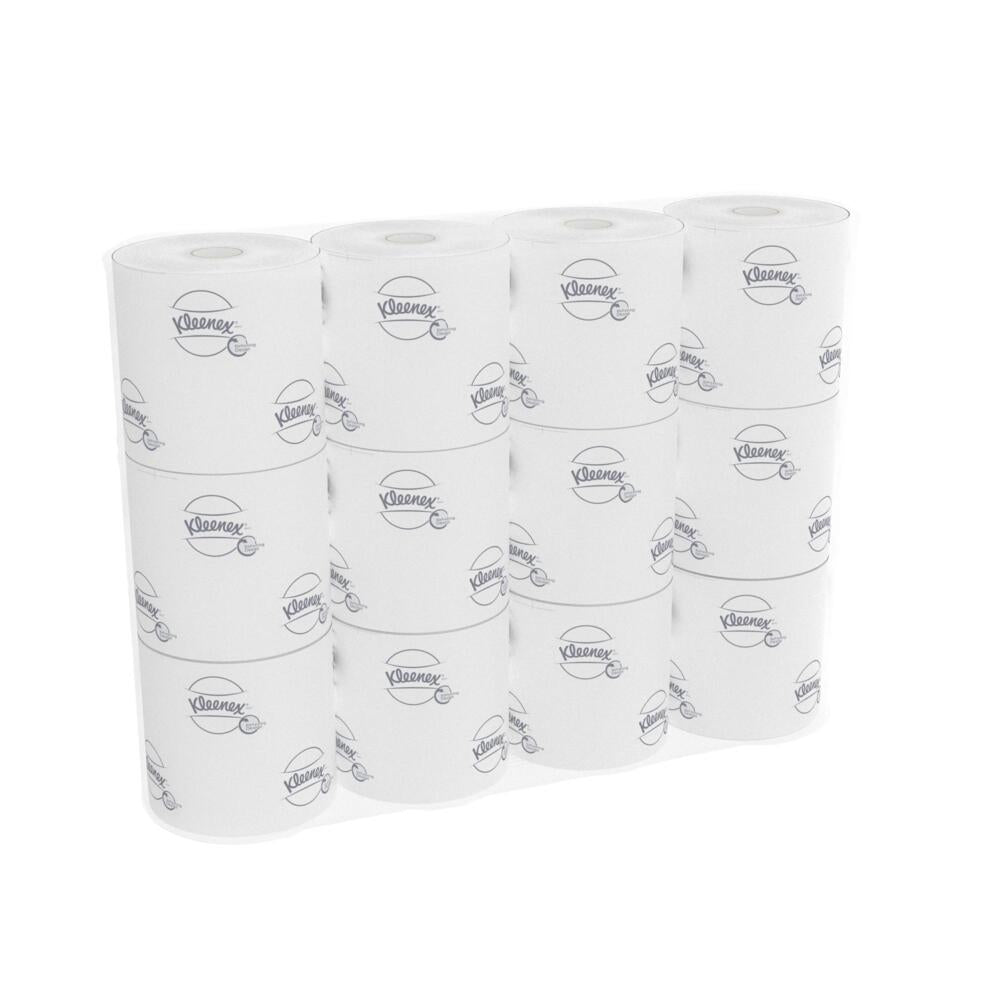 A carton from Kimberly-Clark GmbH contains 8 packages of Kleenex® toilet paper, each with 12 small white rolls (250 sheets/roll) - perfect if you need more than one 8-pack or prefer convenient small rolls.