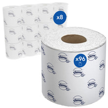 Pictured are eight packages of Kleenex® toilet paper small rolls from Kimberly-Clark GmbH, each with 12 white small rolls (250 sheets per roll) in branded packaging, totaling 96 rolls.