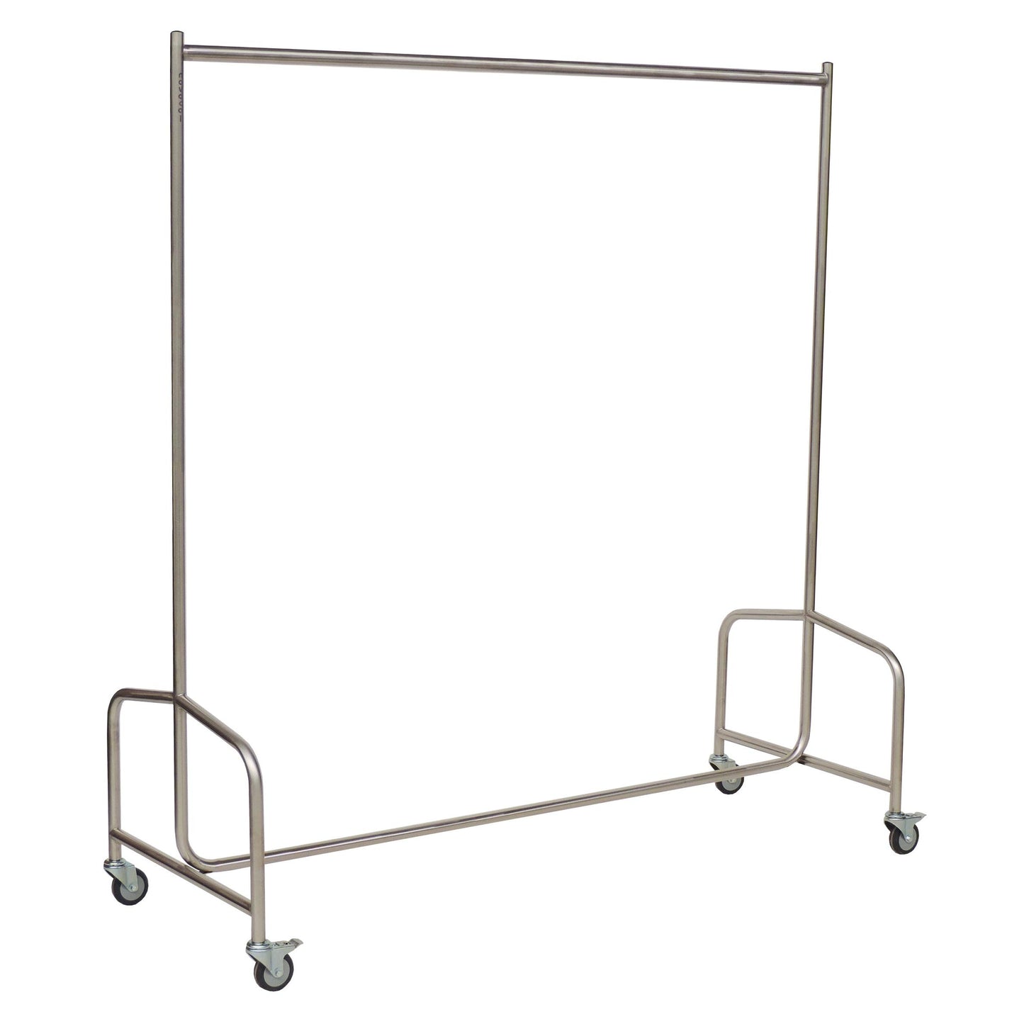 The Novocal coat stand features a fully welded stainless steel frame with four wheels and offers stable and simple clothing storage without additional attachments or decorations.