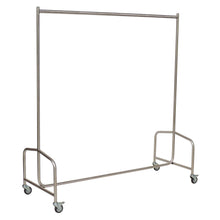The Novocal coat stand features a fully welded stainless steel frame with four wheels and offers stable and simple clothing storage without additional attachments or decorations.