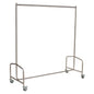 The Novocal coat stand features a fully welded stainless steel frame with four wheels and offers stable and simple clothing storage without additional attachments or decorations.