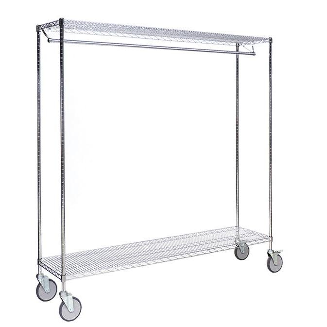 The Novocal coat rack made of precision steel, nickel-plated and high-gloss chrome-plated, offers a horizontal hanging rod and a wire compartment on four wheels, ideal for mobile clothing storage in medical facilities.