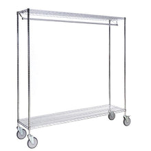 The Novocal coat rack made of precision steel, nickel-plated and high-gloss chrome-plated, offers a horizontal hanging rod and a wire compartment on four wheels, ideal for mobile clothing storage in medical facilities.