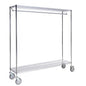 The Novocal coat rack made of precision steel, nickel-plated and high-gloss chrome-plated, offers a horizontal hanging rod and a wire compartment on four wheels, ideal for mobile clothing storage in medical facilities.