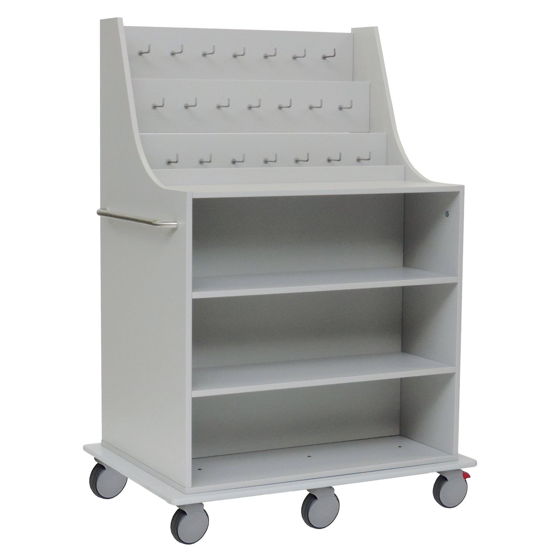 A white Novocal catheter cart with three open shelves, rows of hooks, a side handle, and a sturdy full plastic plate chassis is shown against a plain white background. Brand: Novocal. Package (1 piece).