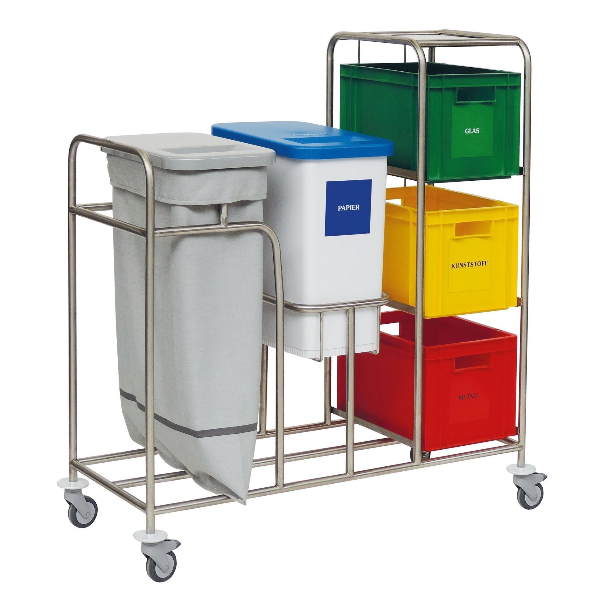 The Novocal Kombi-Wertstoffsammler five-compartment collector is a stainless steel recycling cart with wheels, four colored containers for glass, paper, plastic, and metal, as well as a gray side bag for waste collection. Brand: Novocal.
