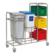 The Novocal Kombi-Wertstoffsammler five-compartment collector is a stainless steel recycling cart with wheels, four colored containers for glass, paper, plastic, and metal, as well as a gray side bag for waste collection. Brand: Novocal.