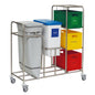 The Novocal Kombi-Wertstoffsammler five-compartment collector is a stainless steel recycling cart with wheels, four colored containers for glass, paper, plastic, and metal, as well as a gray side bag for waste collection. Brand: Novocal.
