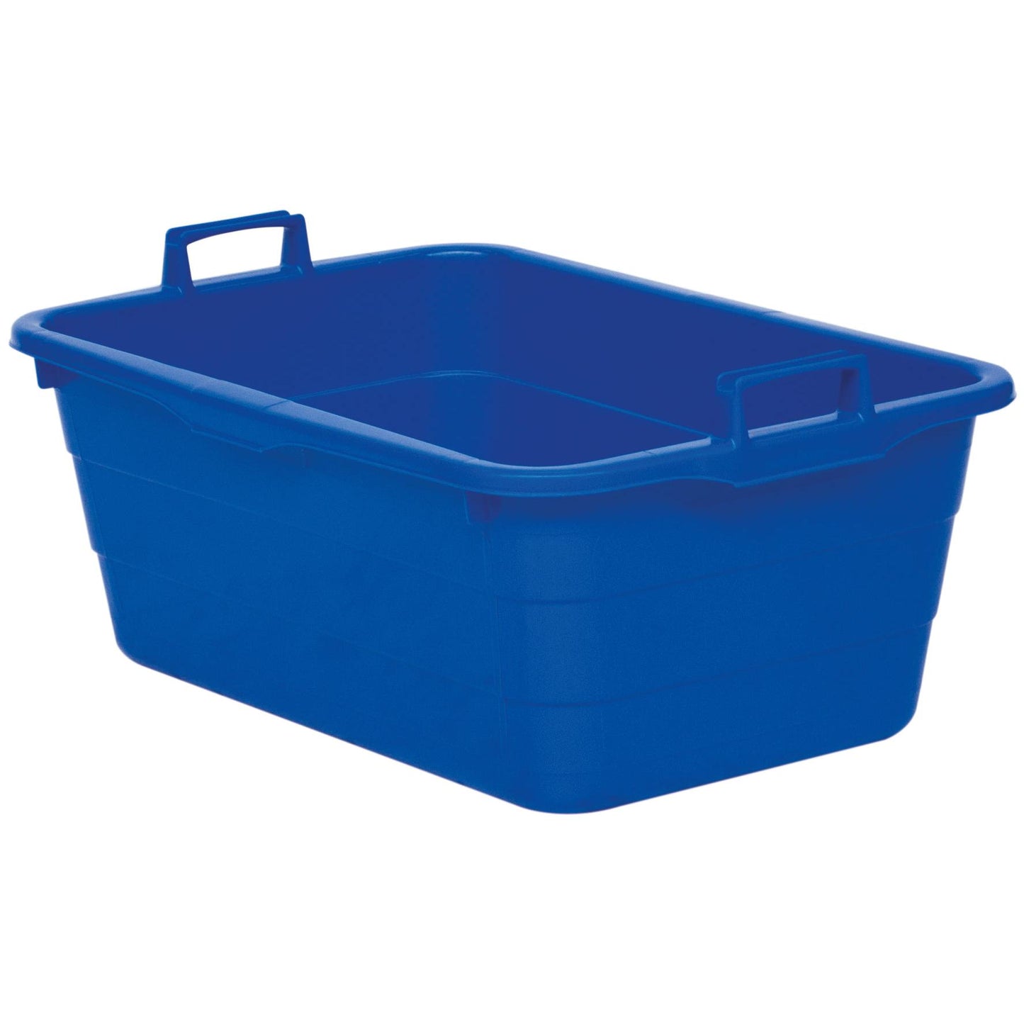 A blue Novocal plastic tub (90 liters, 750 x 490 x 310 mm) with two handles, one on each short side. The sturdy storage box is empty and depicted against a white background. Brand: Novocal.