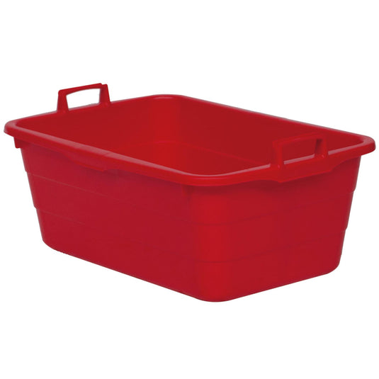 Pictured is a red Novocal plastic tub, 90 L capacity, size 750 x 490 x 310 mm with two opposite handles, on a white background.