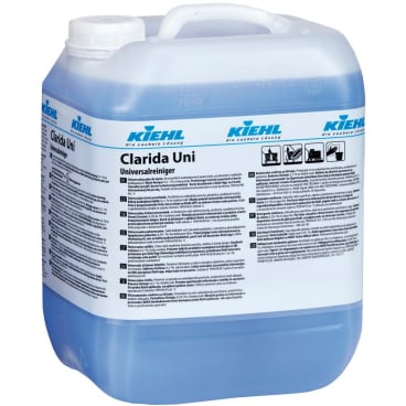 A large, semi-transparent container of the blue Kiehl Clarida Uni from Johannes Kiehl KG with a white label featuring detailed instructions and pictograms, ideal for floor cleaning, is available at Altruan.