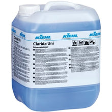 A large, semi-transparent container of the blue Kiehl Clarida Uni from Johannes Kiehl KG with a white label featuring detailed instructions and pictograms, ideal for floor cleaning, is available at Altruan.