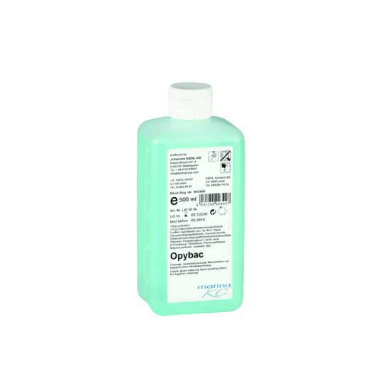 A mint green, rectangular plastic bottle with a white cap. The label reads "Kiehl Opybac Liquid germ-reducing wash lotion for hygienic hand washing" by Johannes Kiehl KG, along with barcodes and hazard symbols. White background.