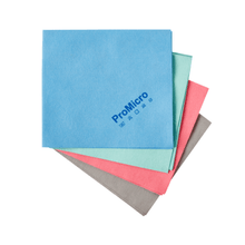 Four Kiehl ProMicro microfiber cloths Standard (35 x 38 cm, 170 g/sqm) from Johannes Kiehl KG are stacked in the colors blue, green, pink, and gray. On the top blue cloth, "ProMicro" and care symbols are printed in blue.