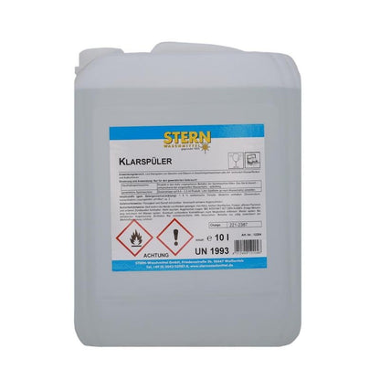 A white 10-liter plastic container labeled "STERN Klarspüler S" from the Stern Waschmittel GmbH, with German instructions for use as a dishwasher rinse aid for streak-free shine and hazard symbols for flammability and caution.