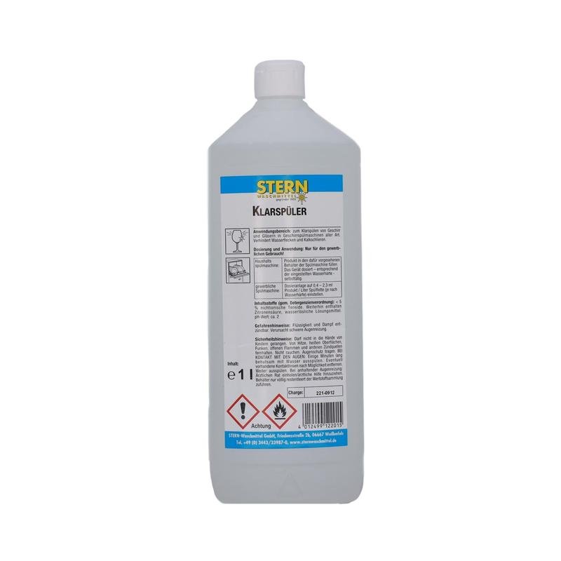 A white 1-liter bottle of STERN Klarspüler S from the Stern Waschmittel GmbH with German text, safety instructions, and hazard symbols on the label provides streak-free shine with a red fire warning symbol at the bottom.