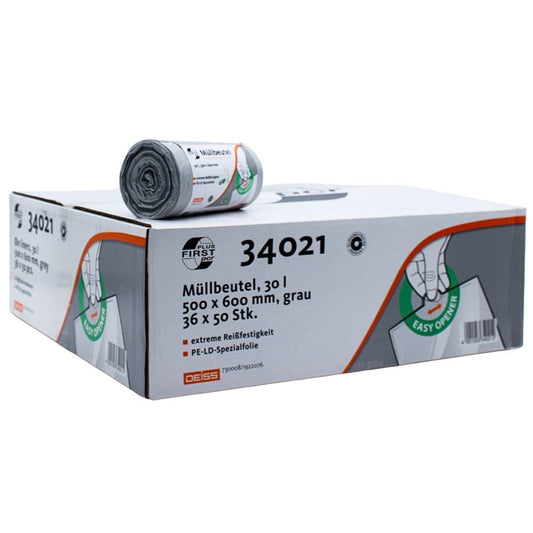 A box of gray DEISS First Plus Pcr garbage bags, featuring a roll, is labeled 30 liters and measures 500 x 600 mm. It contains 36 rolls, each with 50 bags. The box is adorned with the brand logos of EMIL DEISS KG (GmbH + Co.) and an 'Easy Open' symbol, indicating a composition of 40% post-consumer recycled material, making it a climate-neutral choice.