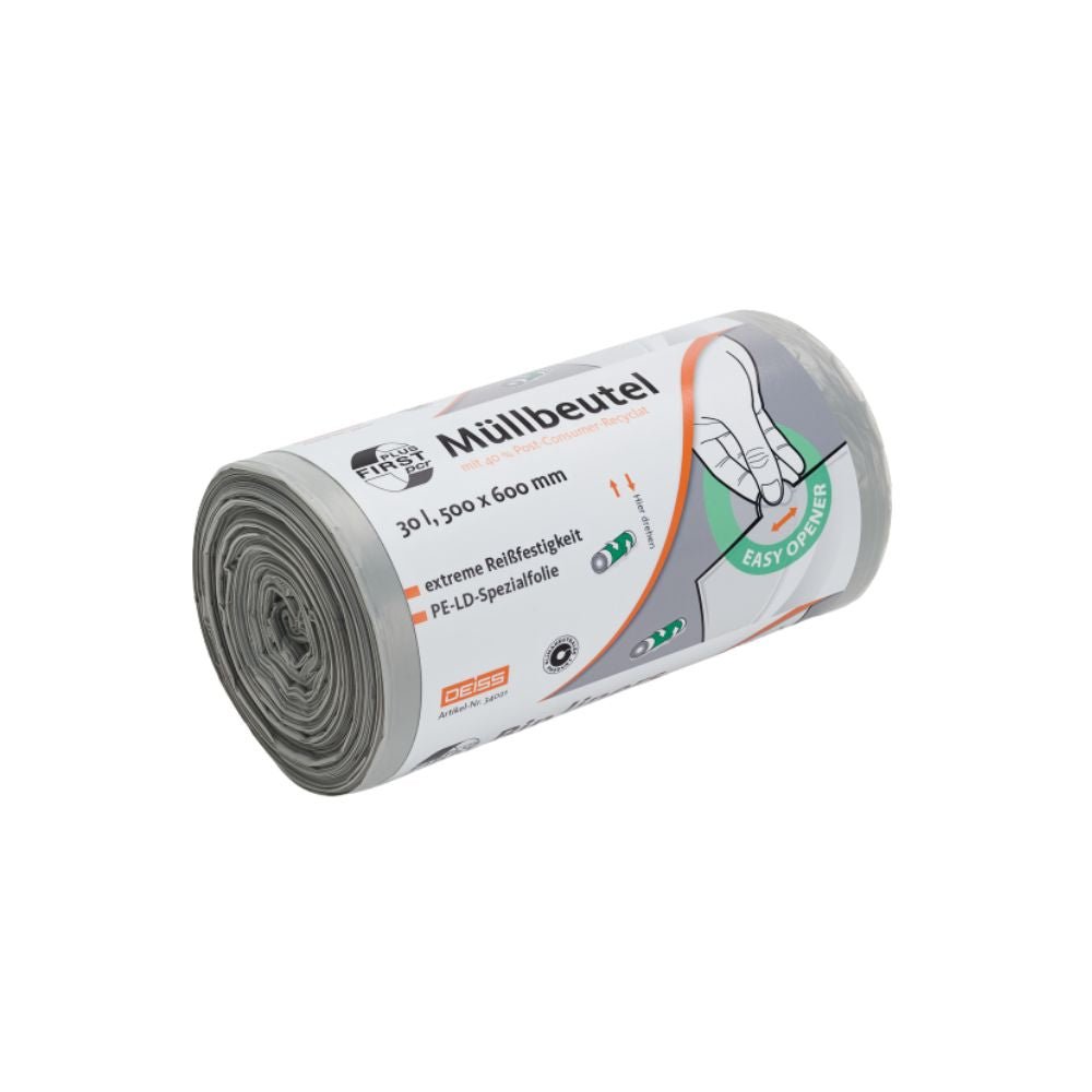 A roll of gray garbage bags from EMIL DEISS KG (GmbH + Co.), labeled as DEISS First Plus Pcr garbage bag 30 liters, 34041, with the dimensions '1500x600 mm'. The packaging shows a hand pulling out a bag and emphasizes the 40% post-consumer recycled content and climate-neutral production.