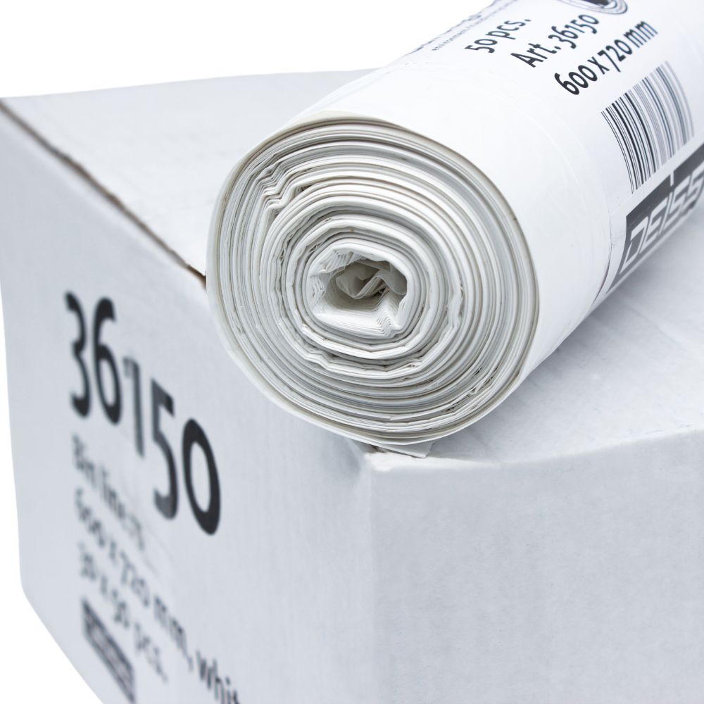 A roll of DEISS LDPE garbage bags 60 liters, manufactured by EMIL DEISS KG (GmbH + Co.) for long durability, is placed on a white box. The roll is tightly wound, and on the box, "36150" is visible along with a barcode and other printed information indicating the capacity of 60 liters.