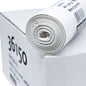 A roll of DEISS LDPE garbage bags 60 liters, manufactured by EMIL DEISS KG (GmbH + Co.) for long durability, is placed on a white box. The roll is tightly wound, and on the box, "36150" is visible along with a barcode and other printed information indicating the capacity of 60 liters.