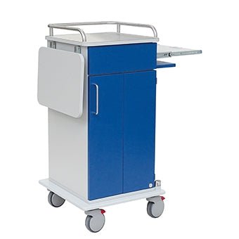 The Novocal laptop cart is blue and white and features two large doors, a side-sliding laptop compartment, a fold-out side shelf, four wheels, and metal rails on top—ideal for mobile storage in healthcare settings.