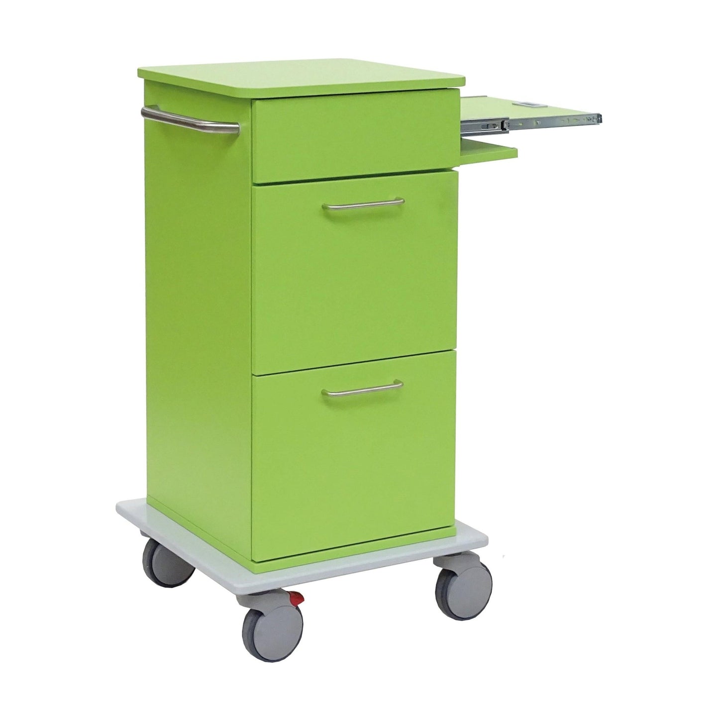 The Novocal laptop cart with a side-pull-out laptop compartment is a green rolling cart with three drawers, a side handle, four gray swivel casters (one with a red brake lever), and stands on a white base.
