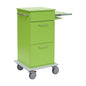 The Novocal laptop cart with a side-pull-out laptop compartment is a green rolling cart with three drawers, a side handle, four gray swivel casters (one with a red brake lever), and stands on a white base.