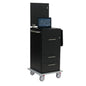 The Novocal laptop cart with a retractable laptop shelf (1 piece) in black features three drawers, a handle, a laptop holder, four wheels for mobility, a vertical back panel, and a towel holder - ideal for ergonomic work.