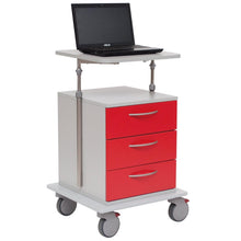 The Novocal laptop cart with an adjustable shelf features three red drawers, a white adjustable shelf with a black ASUS laptop, and four gray wheels for mobile, ergonomic work.