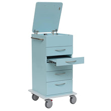 The Novocal laptop cart with a retractable laptop shelf (1 piece) in light blue features four drawers (one of them partially open), a foldable top compartment, metal handles, wheels for mobility, and a retractable laptop shelf.