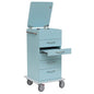 The Novocal laptop cart with a retractable laptop shelf (1 piece) in light blue features four drawers (one of them partially open), a foldable top compartment, metal handles, wheels for mobility, and a retractable laptop shelf.