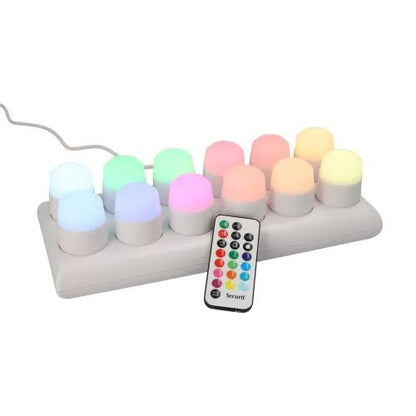 Papstar Securit® 12 LED tea lights incl. charging station Ø 4 cm x 5 cm "Amsterdam" lighting time 12-40 hours