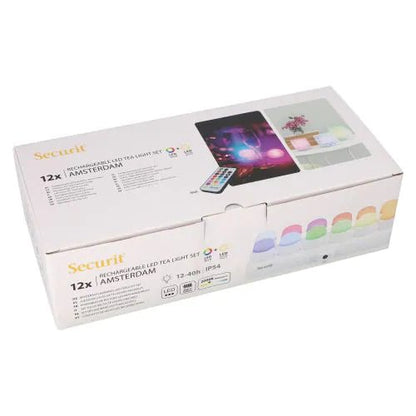 Papstar Securit® 12 LED tea lights incl. charging station Ø 4 cm x 5 cm "Amsterdam" lighting time 12-40 hours
