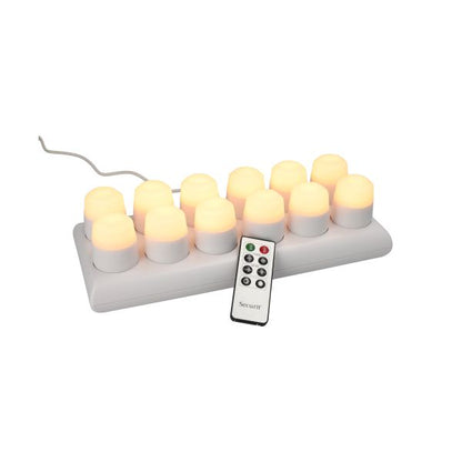 Papstar Securit® 12 LED tea lights incl. charging station Ø 4 cm x 5 cm "Amsterdam" lighting time 12-40 hours