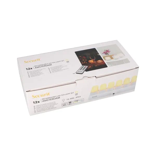 Papstar Securit® 12 LED tea lights incl. charging station Ø 4 cm x 5 cm "Amsterdam" lighting time 12-40 hours