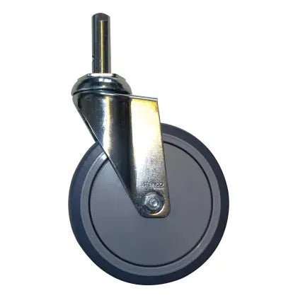 A single Novocal lightweight swivel castor with bolt (Ø 150 mm), ideal for sorting shelf trolleys or garment racks, with metal bracket and grey rubber outer ring, depicted on a white background. Package: 1 piece.