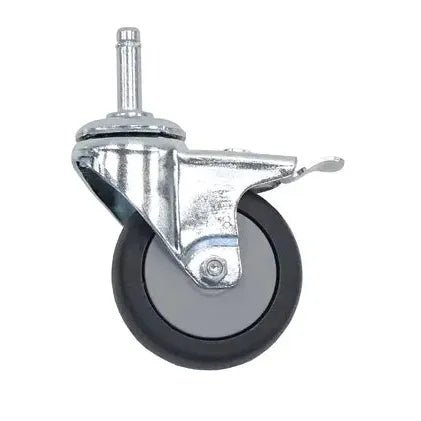 A single Novocal easy-running swivel castor with bolt, with stop, Ø 75 mm electrically conductive, for NW S70/S. With metal bracket, black rubber tread, gray wheel hub, and threaded stem. Pictured on a white background. Package contains 1 piece.