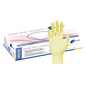 A box of Meditrade Gentle Skin® Latex Gloves compact+ disposable gloves, with a yellow latex disposable glove on the front of the box.