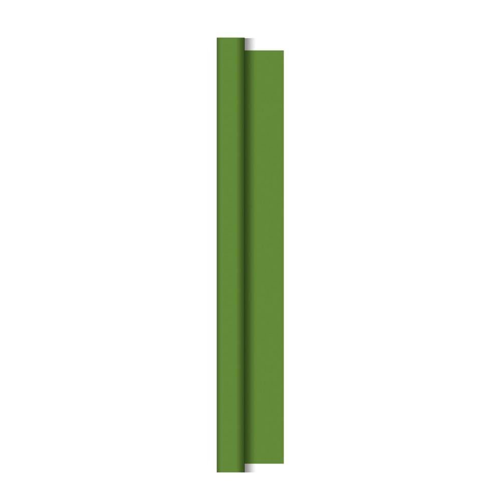 A long, green Duni Dunicel tablecloth roll 1.18 m x 25 m from Duni GmbH stands vertically against a white background. With its flat, rectangular shape and sharp edges, it is ideal for use at large events.
